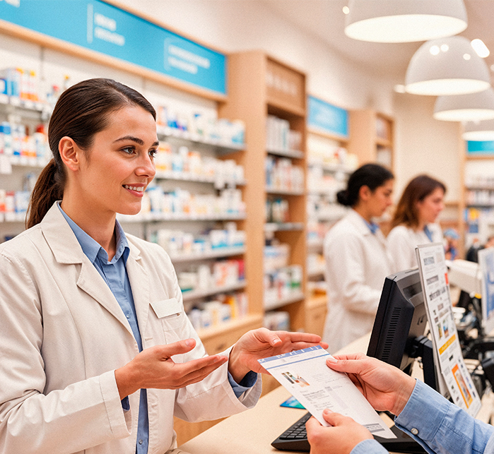 Eczanede reçeteyi müşteriye uzatan eczacı