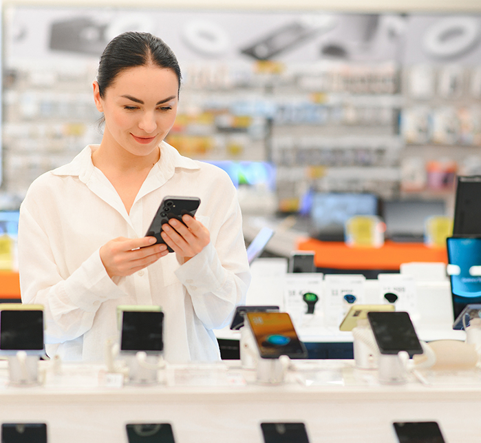 Telefon mağazasında yeni cihazı inceleyen müşteri
